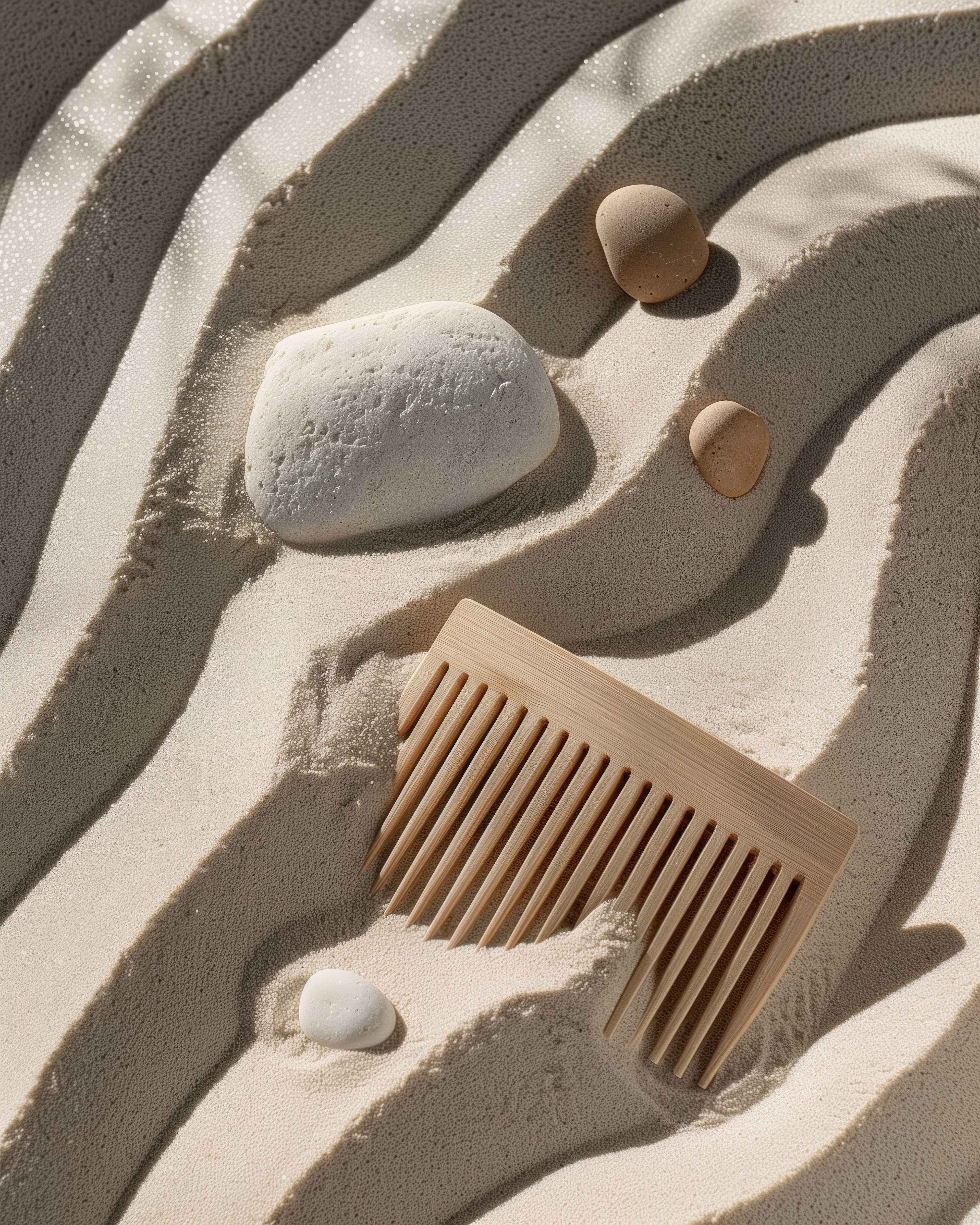 Natural beauty elements including wooden comb and stones arranged on sand, representing holistic hair care approach